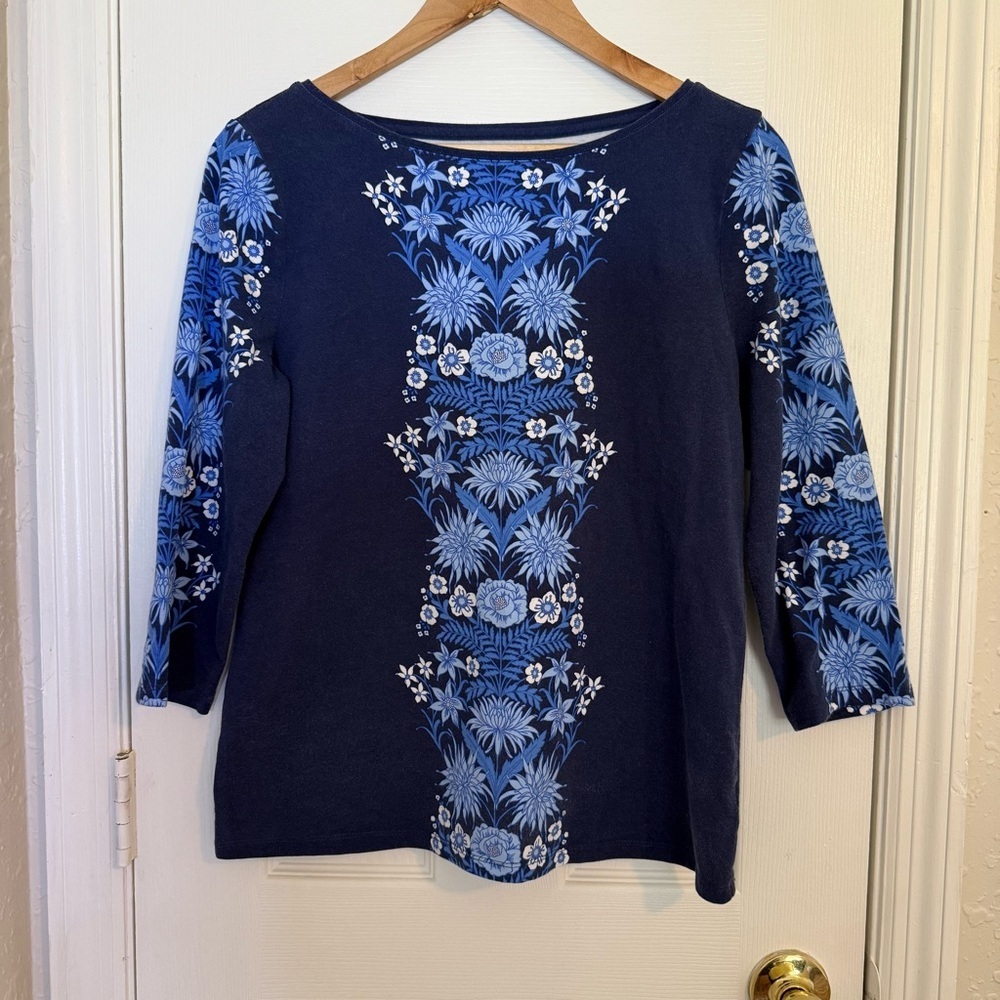 Talbots Floral Blue Three Fourth Cotton Women's Top Large Petite